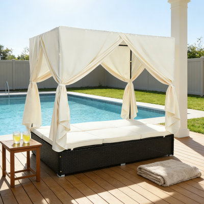 Outdoor Double Chaise Lounge Daybed With Curtains & Adjustable Backrest, Steel Frame Patio Sunbed