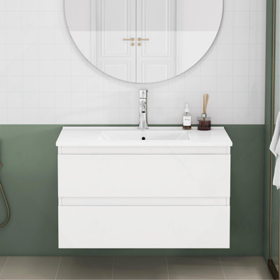 Meuble-lavabo 31,5 po blanc brillant sans poignée avec lavabo, 2 grands tiroirs à fermeture en douceur