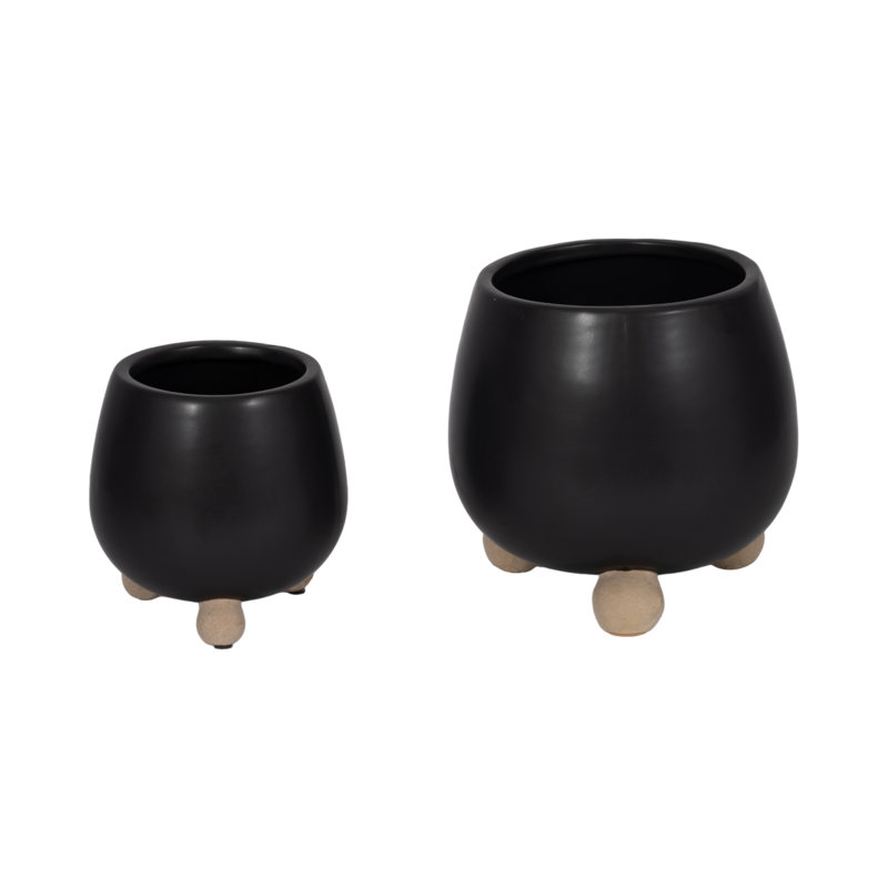 Ereka Stoneware and Ceramic Footed Round Planters with Triple Ball Base Design Set of 2, Black