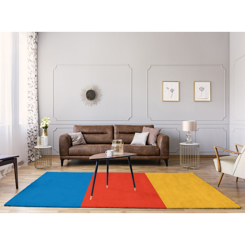 Tapis bleu/jaune rayé, Rectangle 9 pi x 12 pi