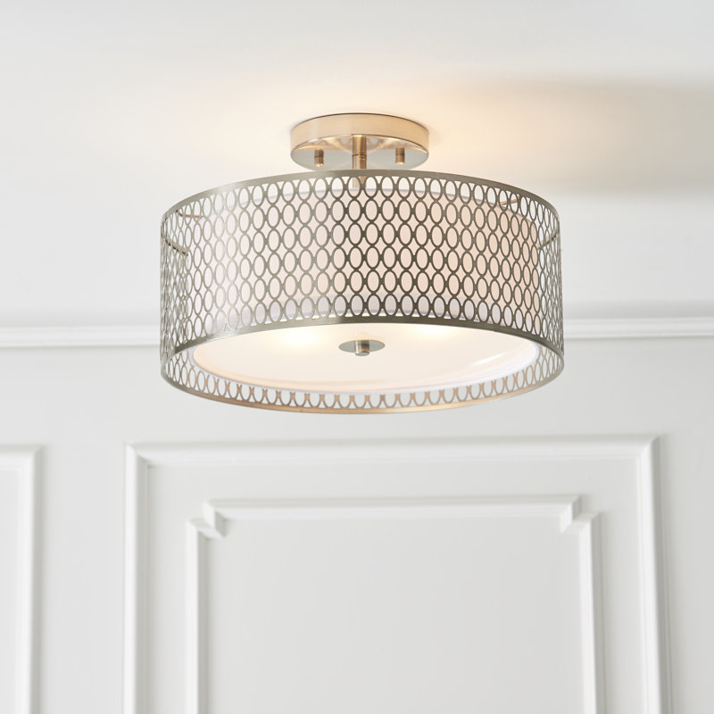 Erika Semi Flush Mount, Satin Nickel/White Fabric/Frosted Glass