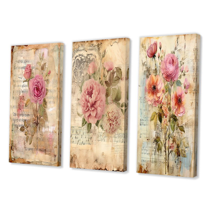 «Rustic Bouquet Blooming Wildflower Floral», 3 pièces, Toile tendue, H 28 po x l 36 po