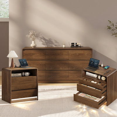 2 Piece Bedroom Set with 63 Inch 9 Drawer Dresser and Nightstand with Wireless Charging Station, FSC Certified Mid-Century Modern Walnut Finish Wooden Chest of Drawers and Bedside Table with Motion Sensor LED Light and Rounded Corners