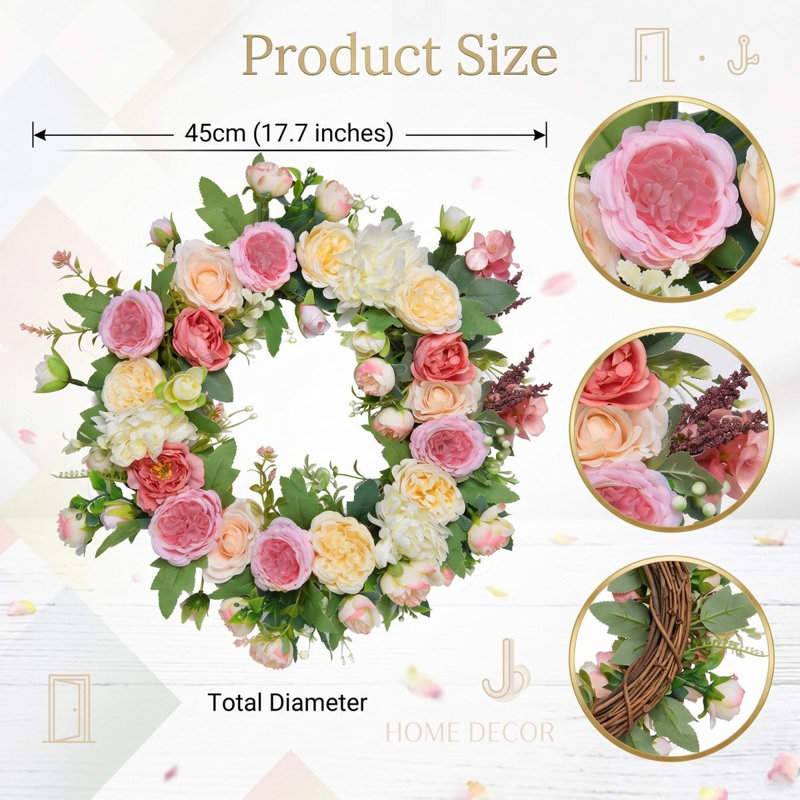 Couronne de rose pastel 17,7 "avec fleurs mélangées pour décor de porte d'entrée
