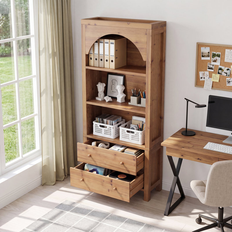 3-Shelf Solid Wood Bookcase with Drawers
