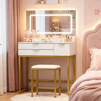 31" Glass Top Makeup Vanity with Lighted Mirror, Power Outlet, Drawers & Hair Dryer Rack