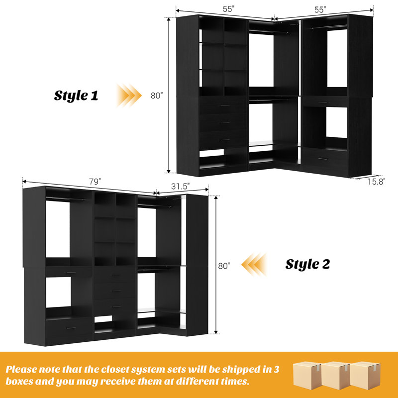 55”-79”Closet System Organizer With Drawers, Pants Rack,Cube Storage And Hanging Area, Black