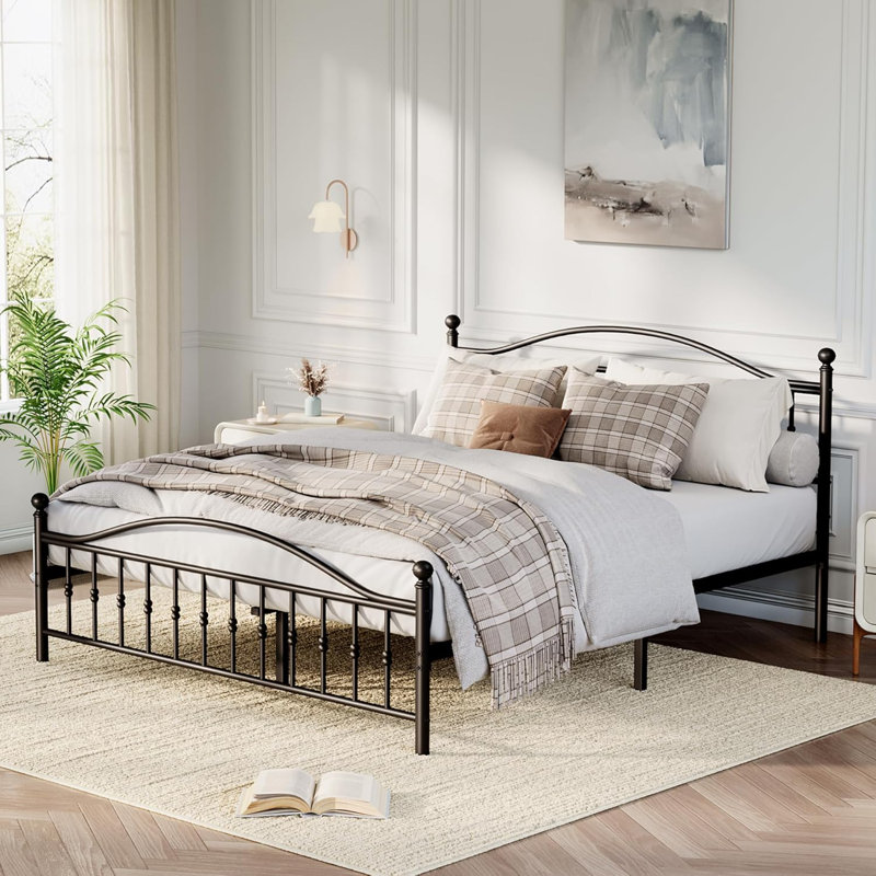 Vintage Circular Headboard Metal Bed Frame, Heavy-Duty Iron Platform Bed with Footboard, No Box Spring Needed, Noise-Free