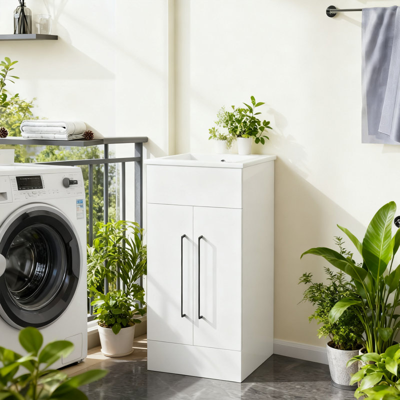 Petit meuble-lavabo de 16 pouces avec lavabo, armoire moderne autoportante pour appartement, lavabo encastré blanc et rangement à 2 portes, installation facile, blanc