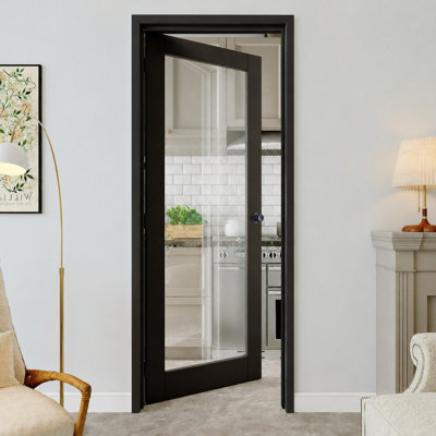 Porte intérieure prémontée 30 po x 80 po, cadre noir, vitrage clair, charnières noires, vitrage opaque, âme pleine insonorisée et étanche, idéale pour buanderie, placard, chambre, ouverture à gauche