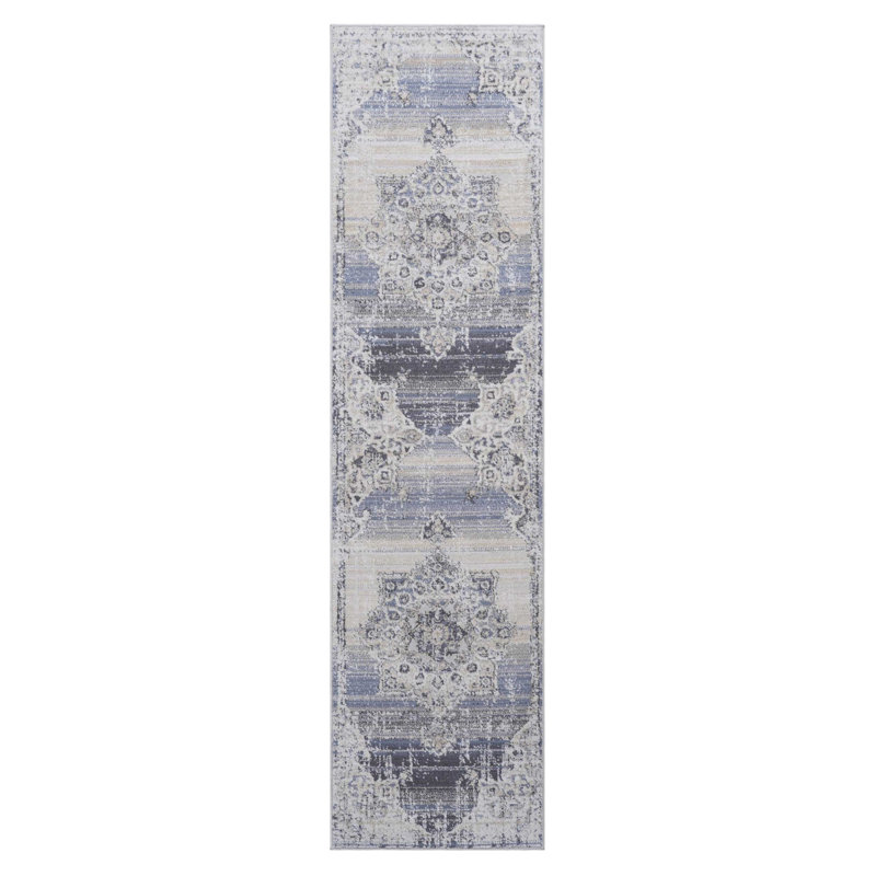 Cream/Blue/Inlaid Non Linting Stain Resistant Area Rugs, Runner 2'2" x 8'