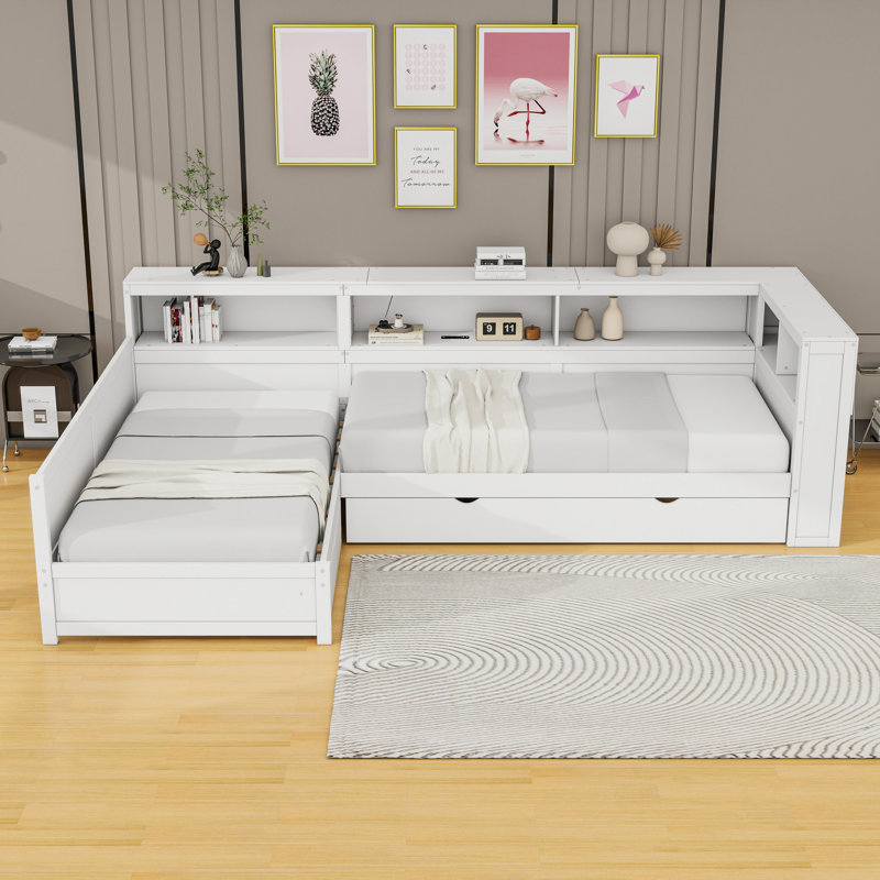 Lit plateforme simple en L en bois avec lit gigogne simple, tiroir de rangement, tablettes et station de charge, Blanc