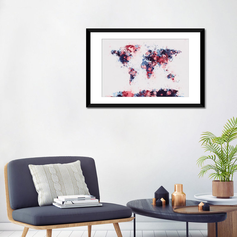 «World Map Paint Drops II» par Michael Tompsett, impression sur toile, H 24 po x l 32 po x P 1 po, Papier d'art encadré noir