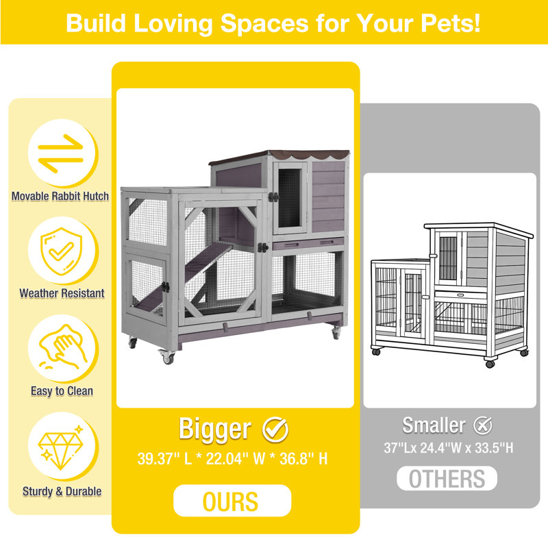 Duplex Rabbit Hutch Indoor With Chew-Proof Frame & 2 Leak-Proof Sliding Trays, Rain Cover, Wooden Guinea Pig Cages With Wheels - Gray