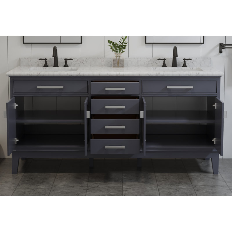 Modern Farmhouse 72" Double Bathroom Vanity with White Stone Sink in Maple Gray Finish, Solid Wood