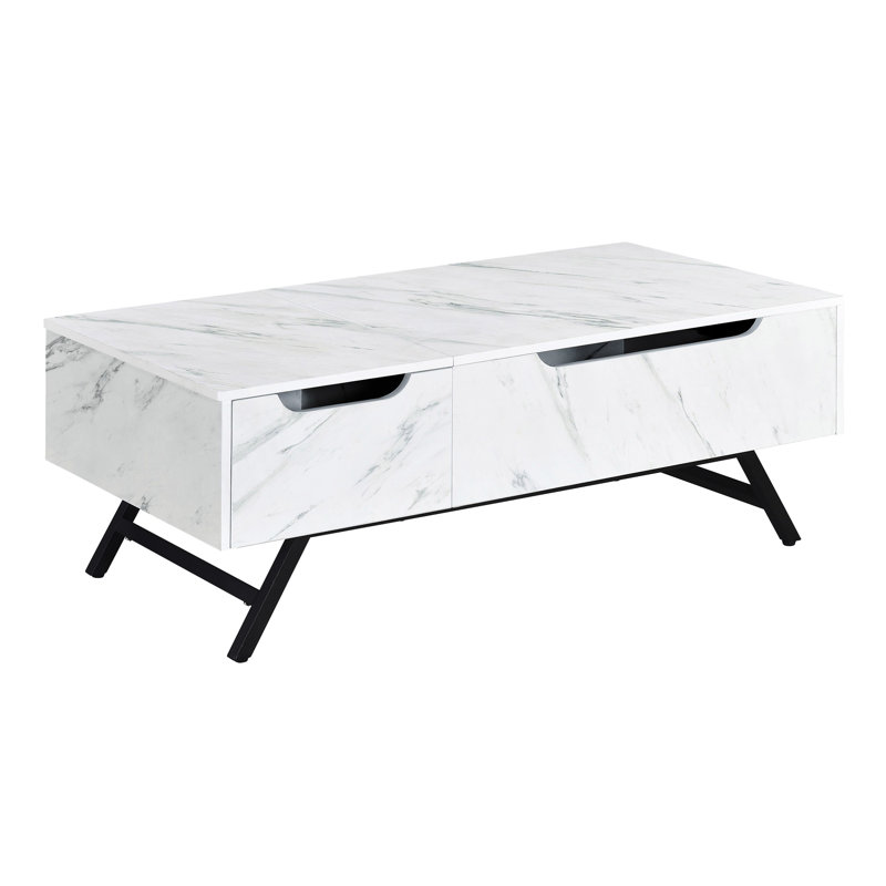 Table basse moderne à plateau relevable blanc avec tiroir, forme rectangulaire, pieds évasés en métal pour un look élégant