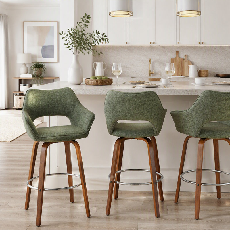 Tabouret de bar à hauteur fixe avec pivot en bois de noyer et tissu vert avec repose-pieds en métal chromé - ensemble de 2