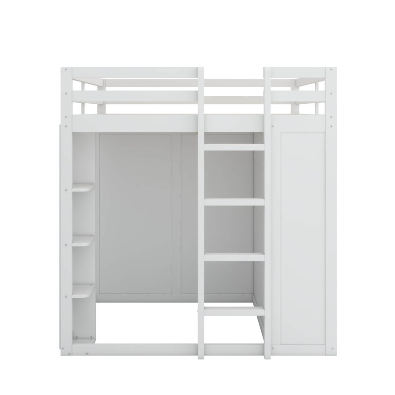 Lit mezzanine double avec tiroirs, tablettes et lumière, Blanc