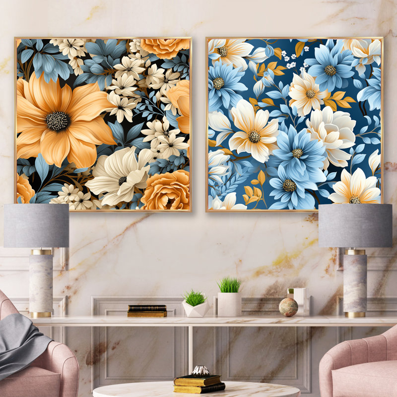 Ensemble de 2 fleurs jaunes et bleues de style campagnard, H 16 po x l 33 po, Cadre flottant doré