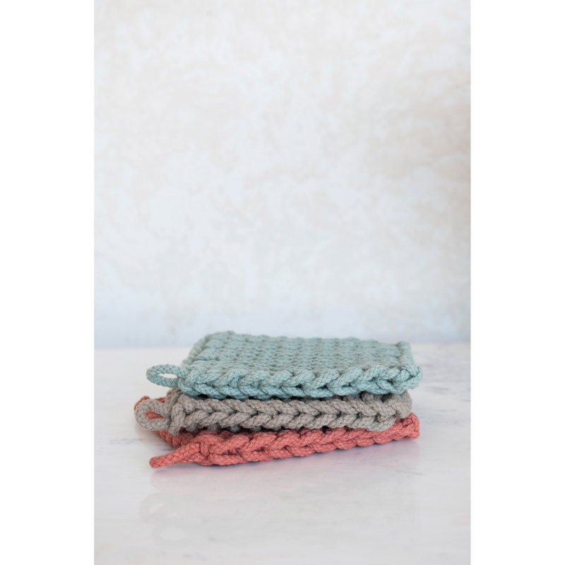 Cotton Crocheted Pot Holder, Gray/ Blue