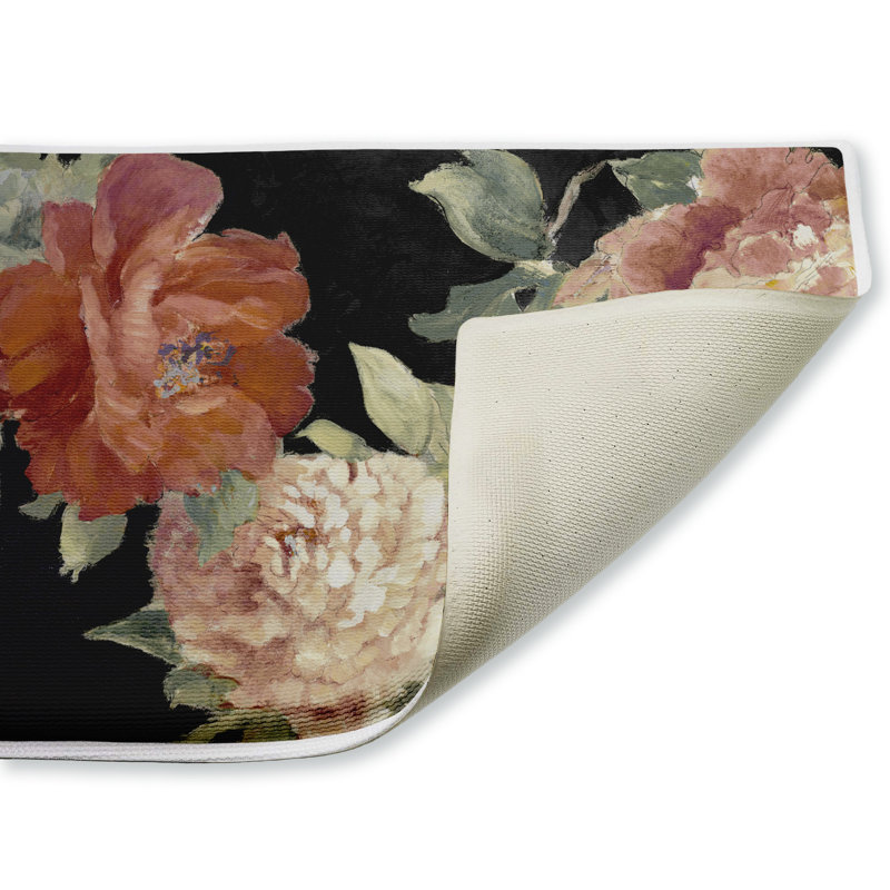 Beauté de la fleur sur un tapis de bain et un tapis de bain en peluche imprimé noir, design par Lanie Loreth, 18 po x 30 po