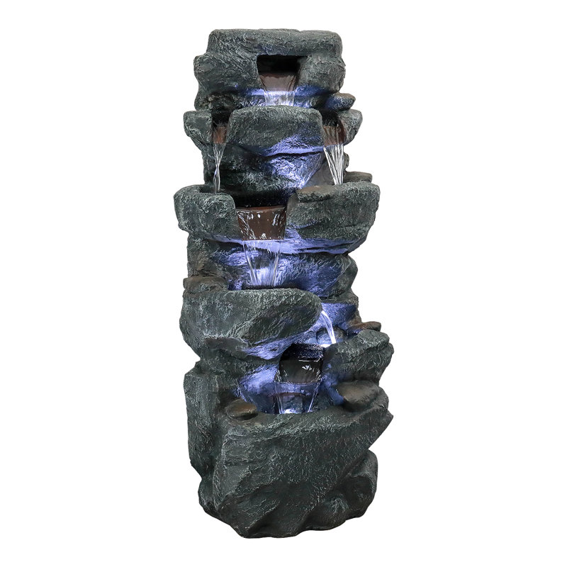 6-Tier Cascading Rock Water Fountain Outdoor Garden Waterfall w/Lights