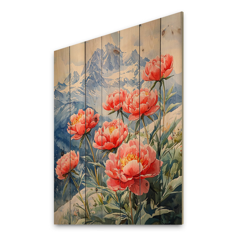 Pivoines et pics d'été Mountain I - Décoration murale en bois de pivoines - sur bois de pin naturel