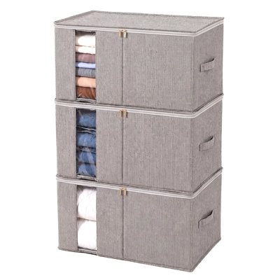 Ensemble de 3 bacs de rangement pliables en tissu avec fenêtre transparente et deux fermetures à glissière - Organisateurs de garde-robe à poignées renforcées pour vêtements, couvertures, literie - gris, 65 x 43 x 29 cm