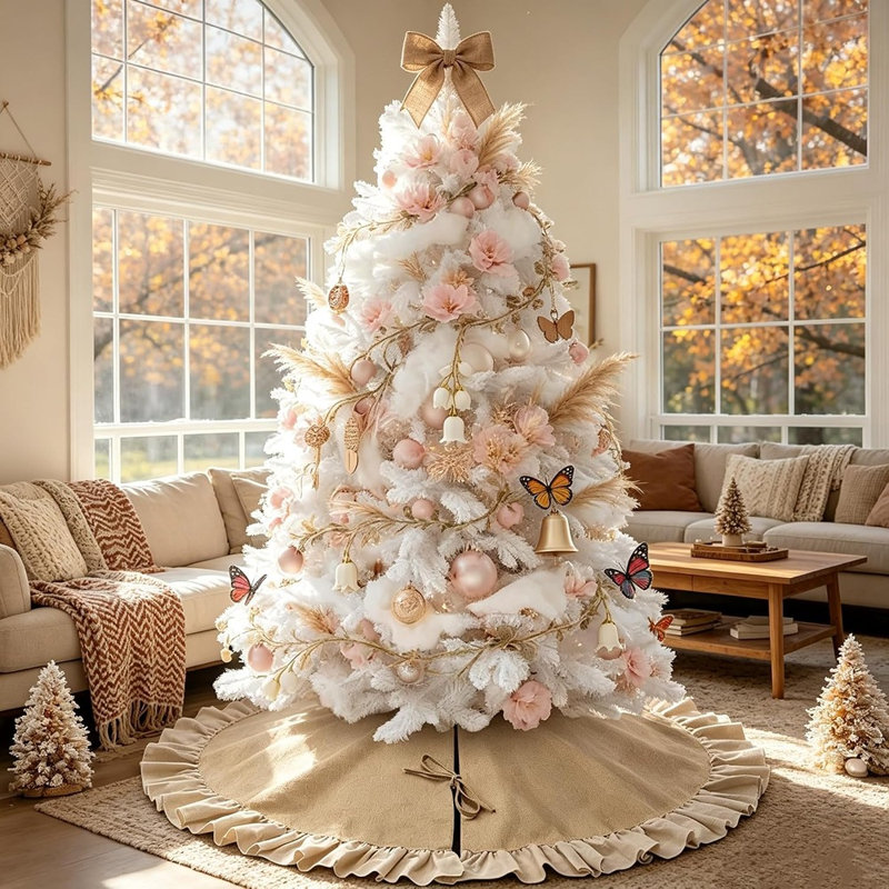 Burlap Christmas Tree Skirt with Ruffle Border, Rustic Farmhouse Holiday Decor