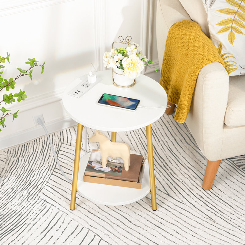 Deandra 19.7" Round End Table with Charging Station, White/Gold