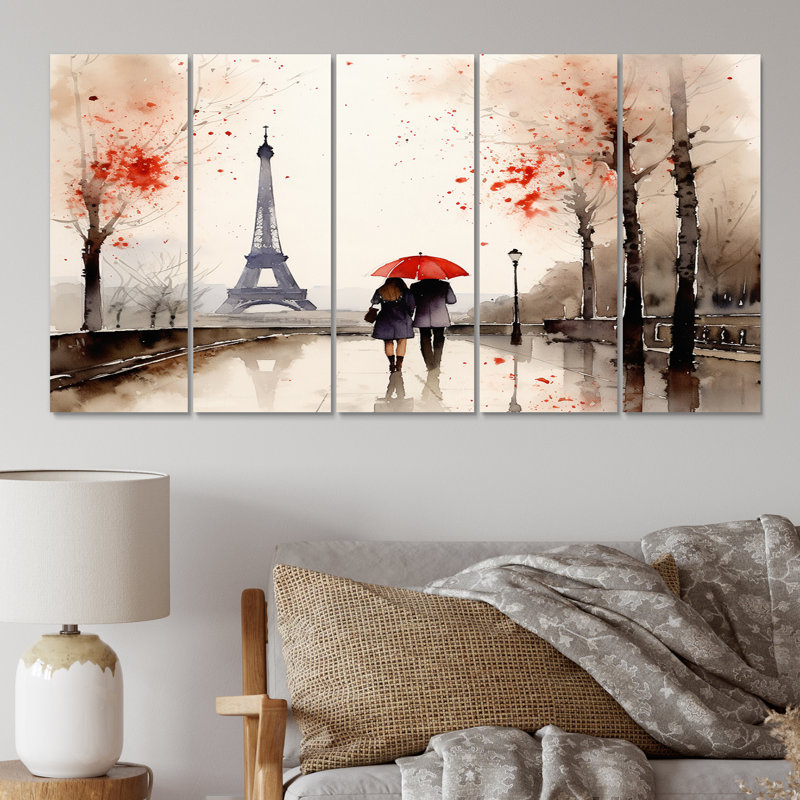 «Paris Couple In Love Vintage Eiffel Tower II - City Paris Wall Art Print», 5 panneaux égaux