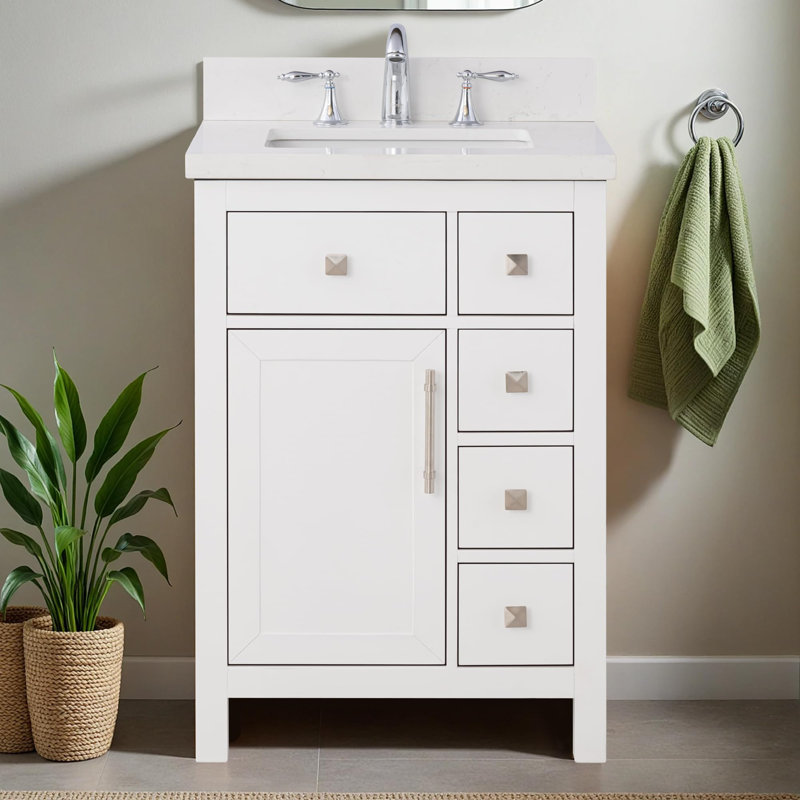 Oakford 24x18 Inch Bathroom Vanity with Sink, White – 100% Premium Solid Wood Vanity Cabinet – 1.5" Thick Quartz Countertop – Water-Resistant Finish – Fully Assembled