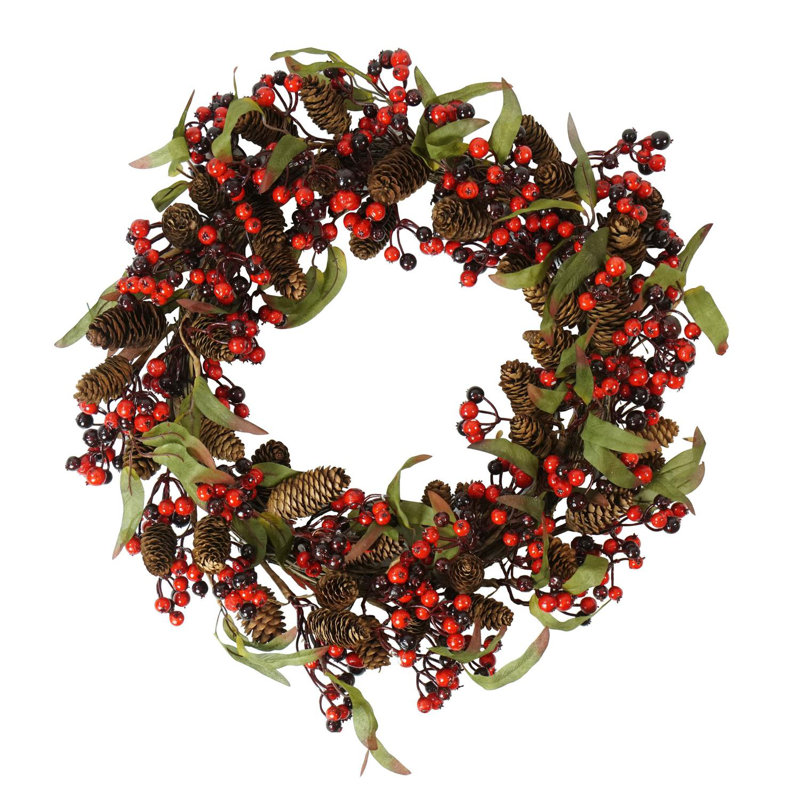 Couronne de Noël artificielle à baies rouges et noires avec pomme de pin - non éclairée 20 pouces