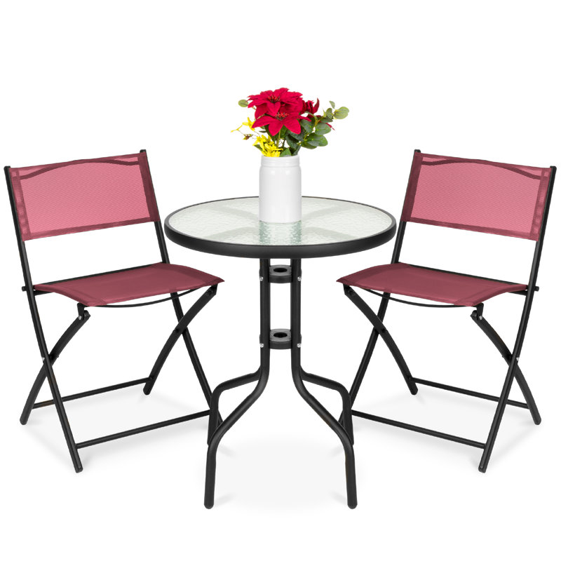 3-Piece Patio Bistro Dining Furniture Set W/ Glass Tabletop, Folding Chairs, Burgundy