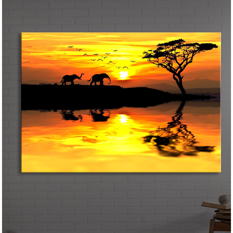 Elephants In African Steppe by No - Wrapped Canvas Print, Without lighting, 60cm H x 80cm W x 4.5cm D
