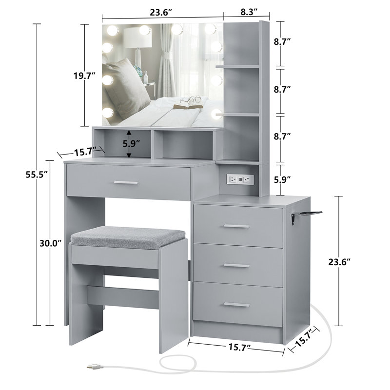 Ensemble de coiffeuse avec tabouret et miroir Dannyell, Gris
