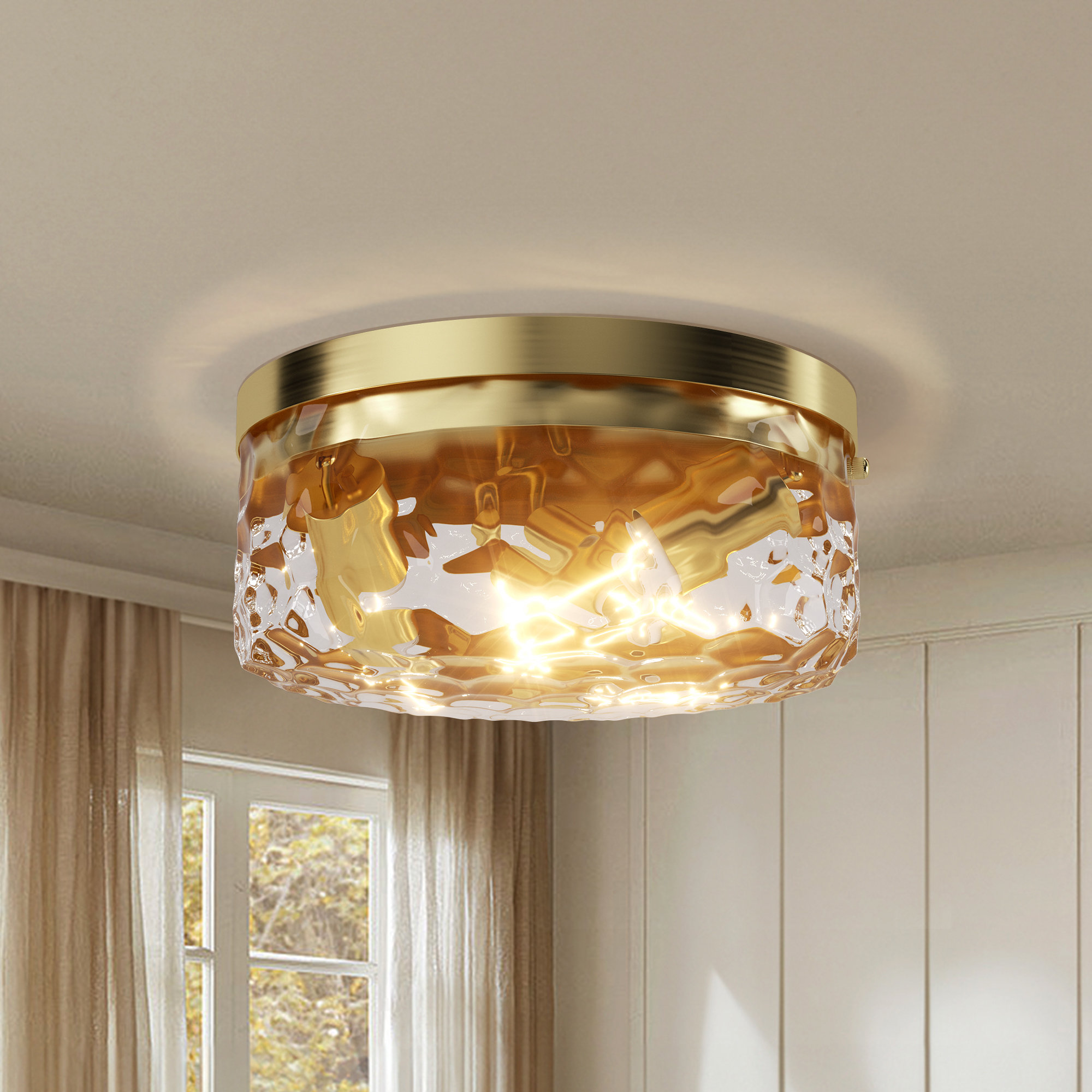 12''-3 Lights Metal And Glass Drum Dimmable Flush Mount Lighting For Bedroom