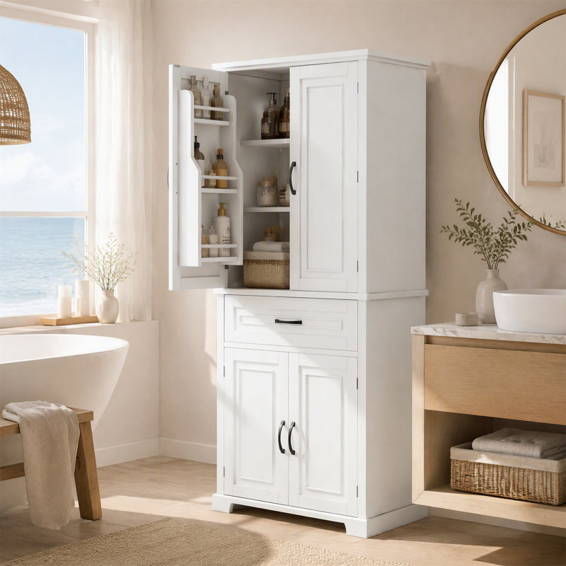Armoire de rangement de salle de bain avec portes et tiroir, Blanc