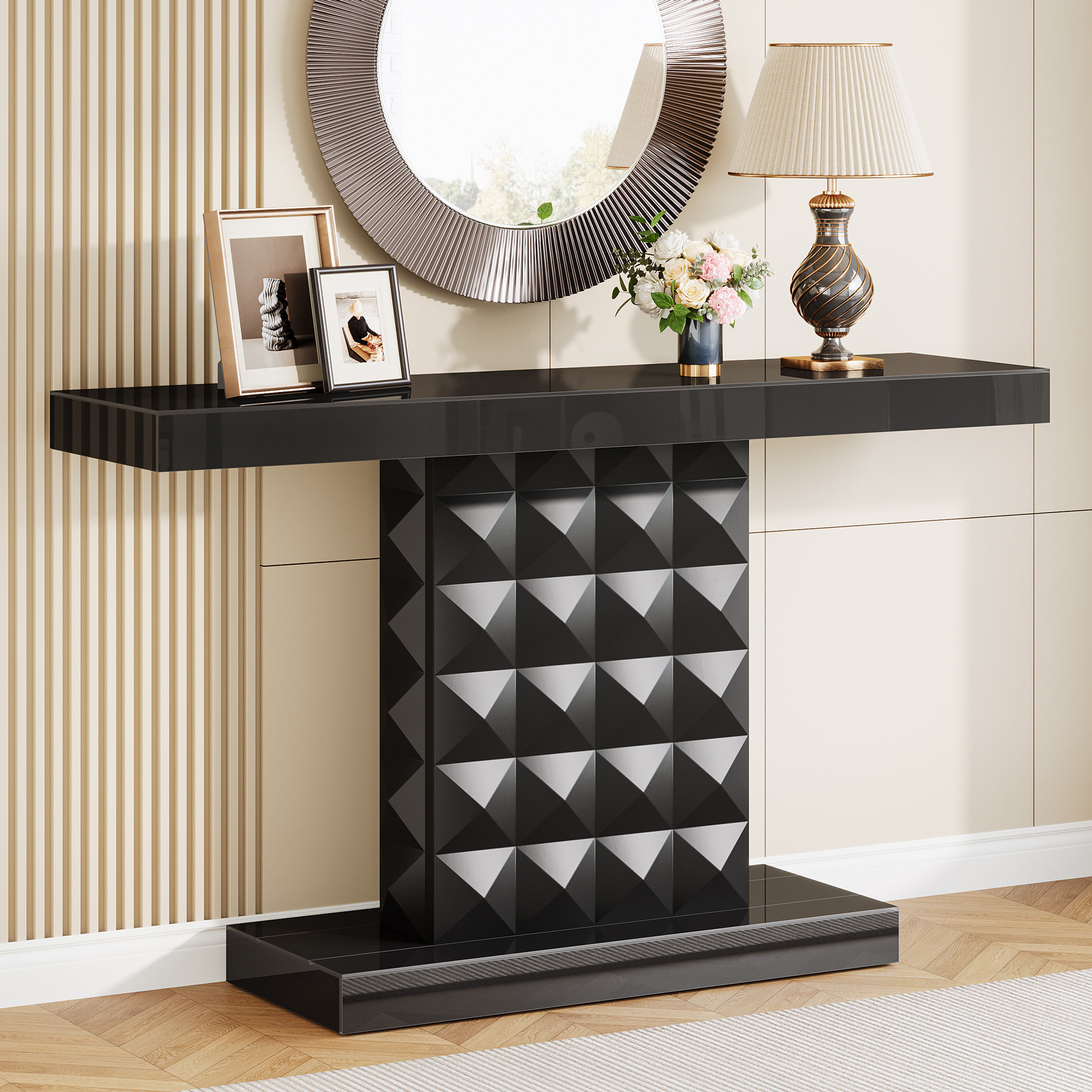 Ebern Designs 47-Inch Black Mirrored Console Table | Wayfair