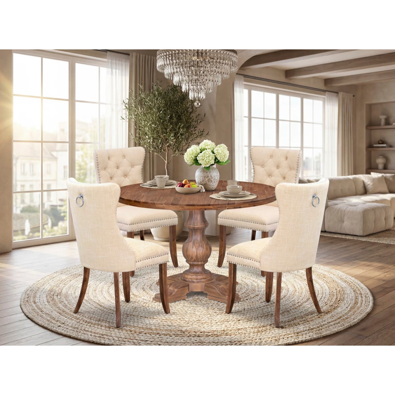 Ensemble de cuisine 5 pièces en polyester avec 4 chaises de salle à manger rembourrées beiges claires, un dossier capitonné et une table ronde de 48 po au fini noyer antique.