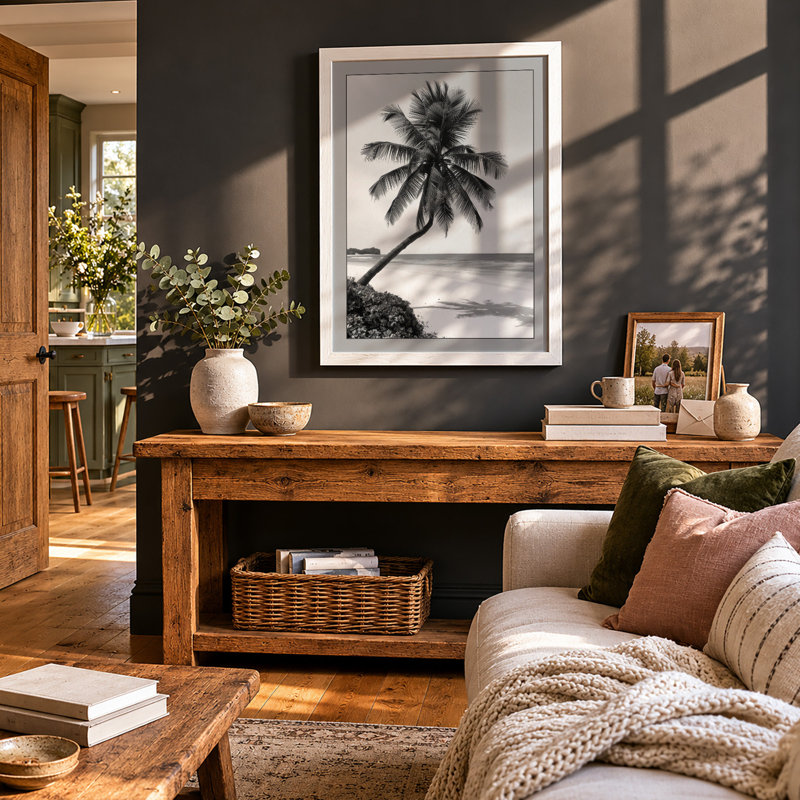 Leaning Palm Coastal - Framed Print, A2 - 59.4 x 42.0 cm, White