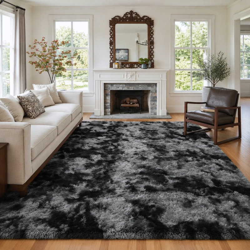 Plush High Pile Tie-Dye Dark Grey Shag Area Rug 5x7 ft, Cozy Fluffy Carpet for Living Room Bedroom, Modern Soft Rug with Non-Slip Backing 