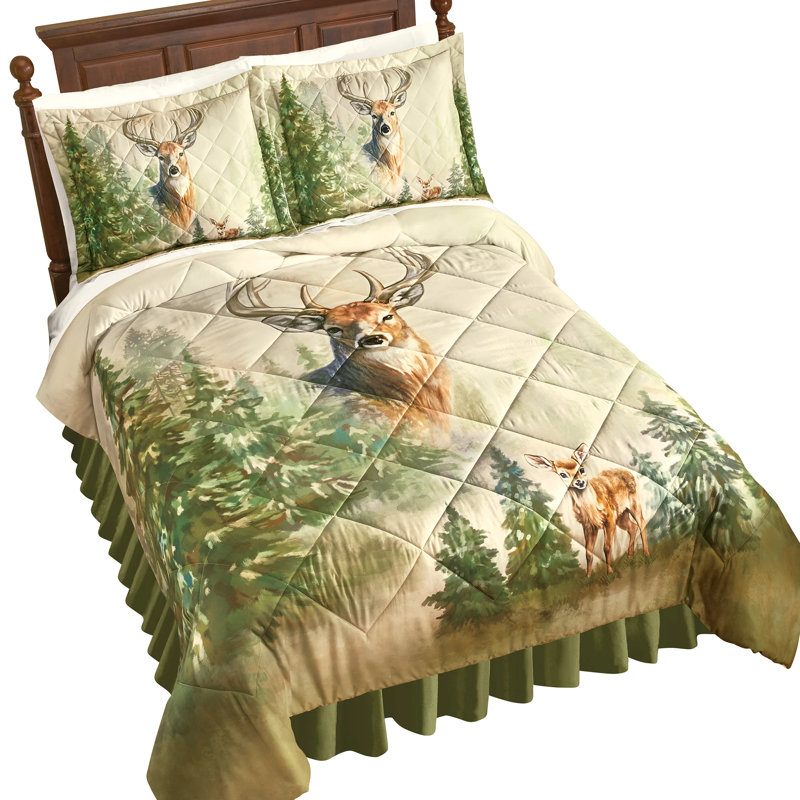 King Size Beige and Green Polyester Woodland Deer Comforter Set