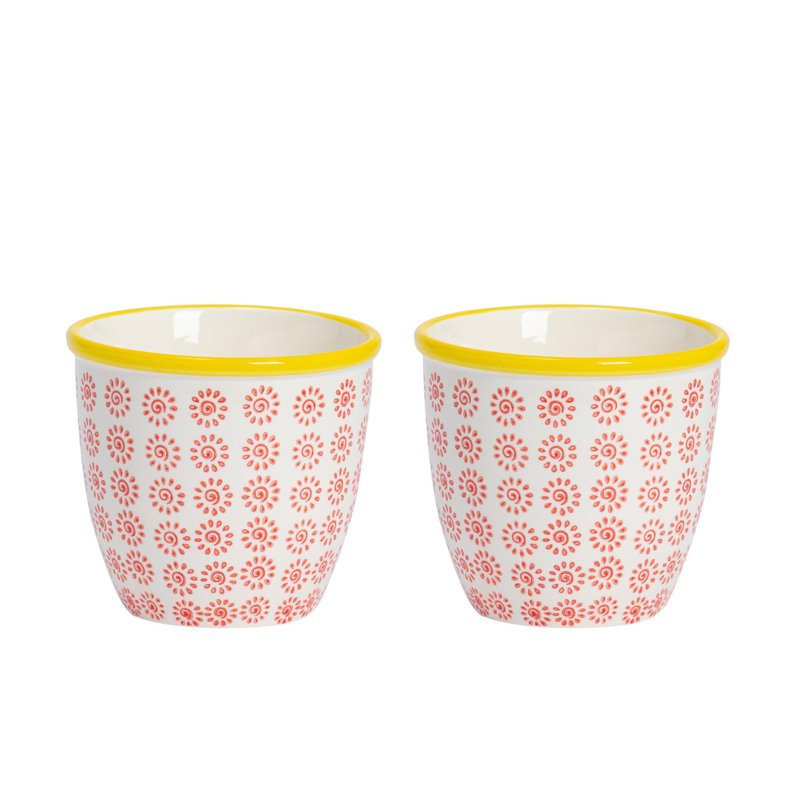 Nicola Spring Hand-Printed Plant Pots - 14cm - Turquoise - Pack of 2, Red/Yellow