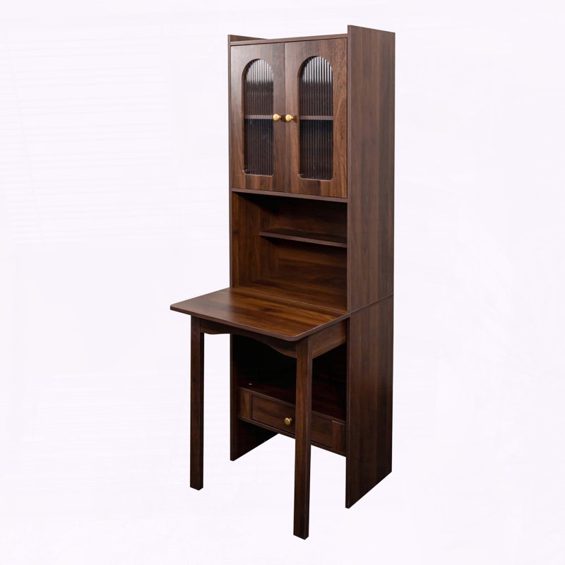 Armoire de bureau et de table convertible pliable avec tablette et tiroir - Poste de travail multifonctionnel, Noyer