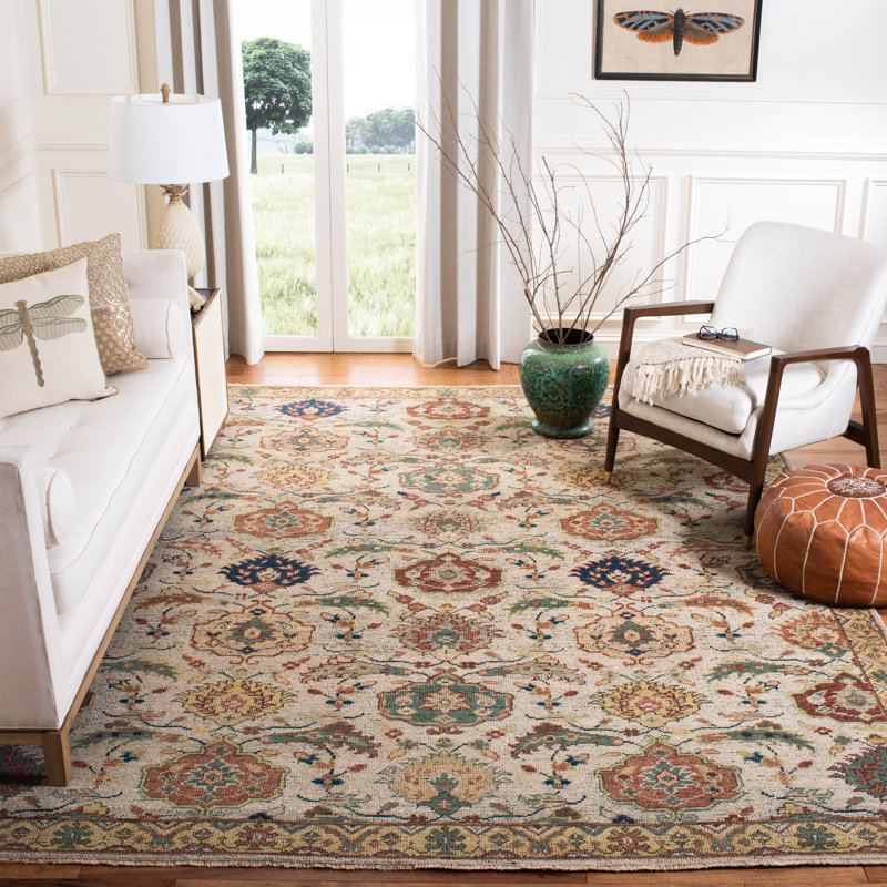Oriental Hand-Knotted Ivory / Gold Area Rug, Rectangle 9' x 12'