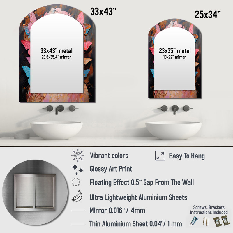 Pink Butterfly woman fashion portrait elegance I - Fashion Asymmetrical Unique Wall Mirror, Modern Unique Shape Mirror, Printed Metal Art