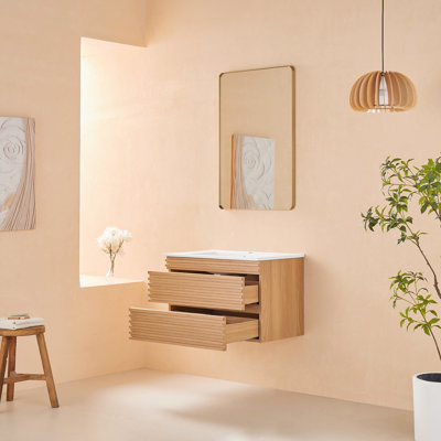 Meuble-lavabo de salle de bain avec lavabo en céramique - 30 po. Fixé au mur et flottant. Noyer naturel. Entièrement assemblé. Rangement de tiroir spacieux. Contreplaqué. Installation facile. Surface propre. Lavabo stratifié de 30 po.
