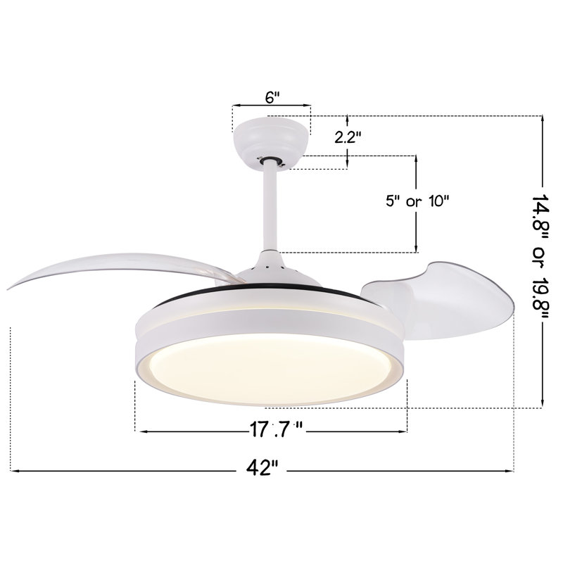Maryann 42'' Retractable Ceiling Fan DC Motor with LED Lights and Remote, White with White Blades
