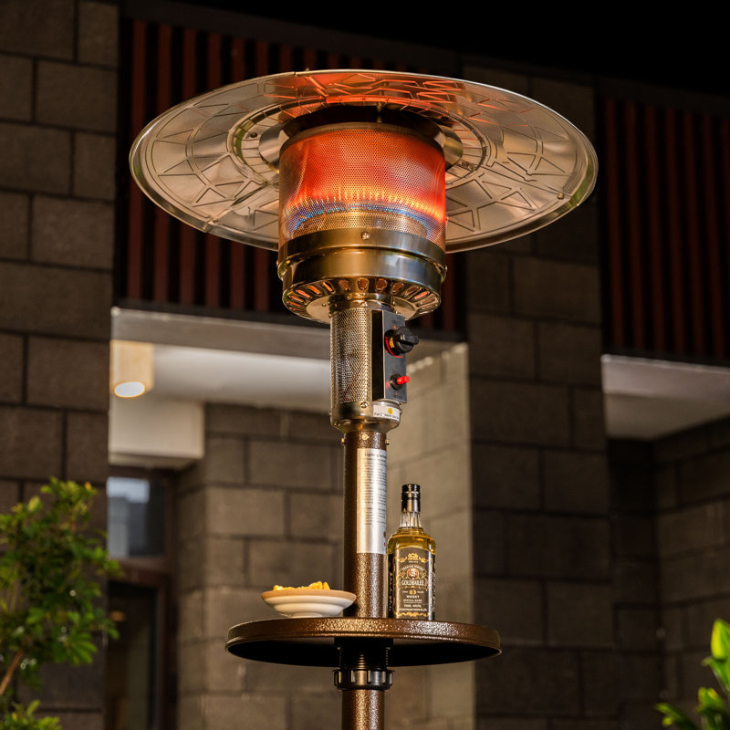 Chauffe-terrasse d'extérieur au gaz propane en métal avec roues et support à boisson